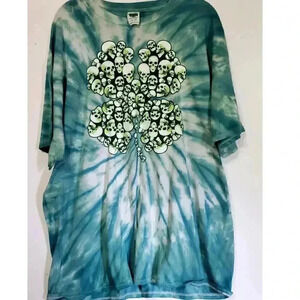 Lucky T-shirt! Green tye‎ dye with skull 4 leaf clover mens 2XL stay lucky !